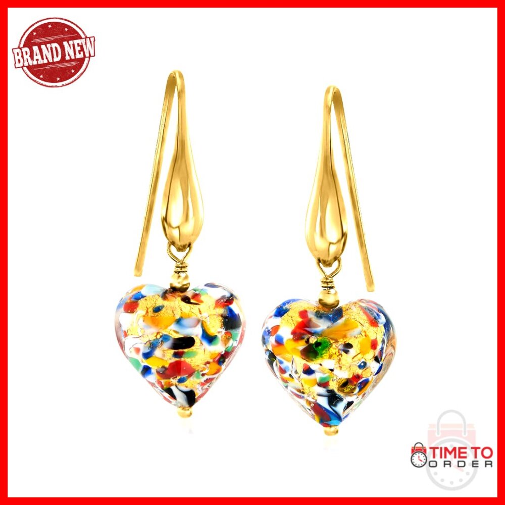 Italian Murano Glass Heart Drop Earrings 18kt Gold Over Sterling Silver